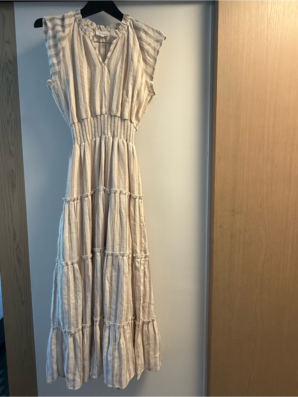 Bohme Claire Striped Maxi Dress in Taupe with Cap Sleeves Cotton Blend Size XS - Picture 3 of 11